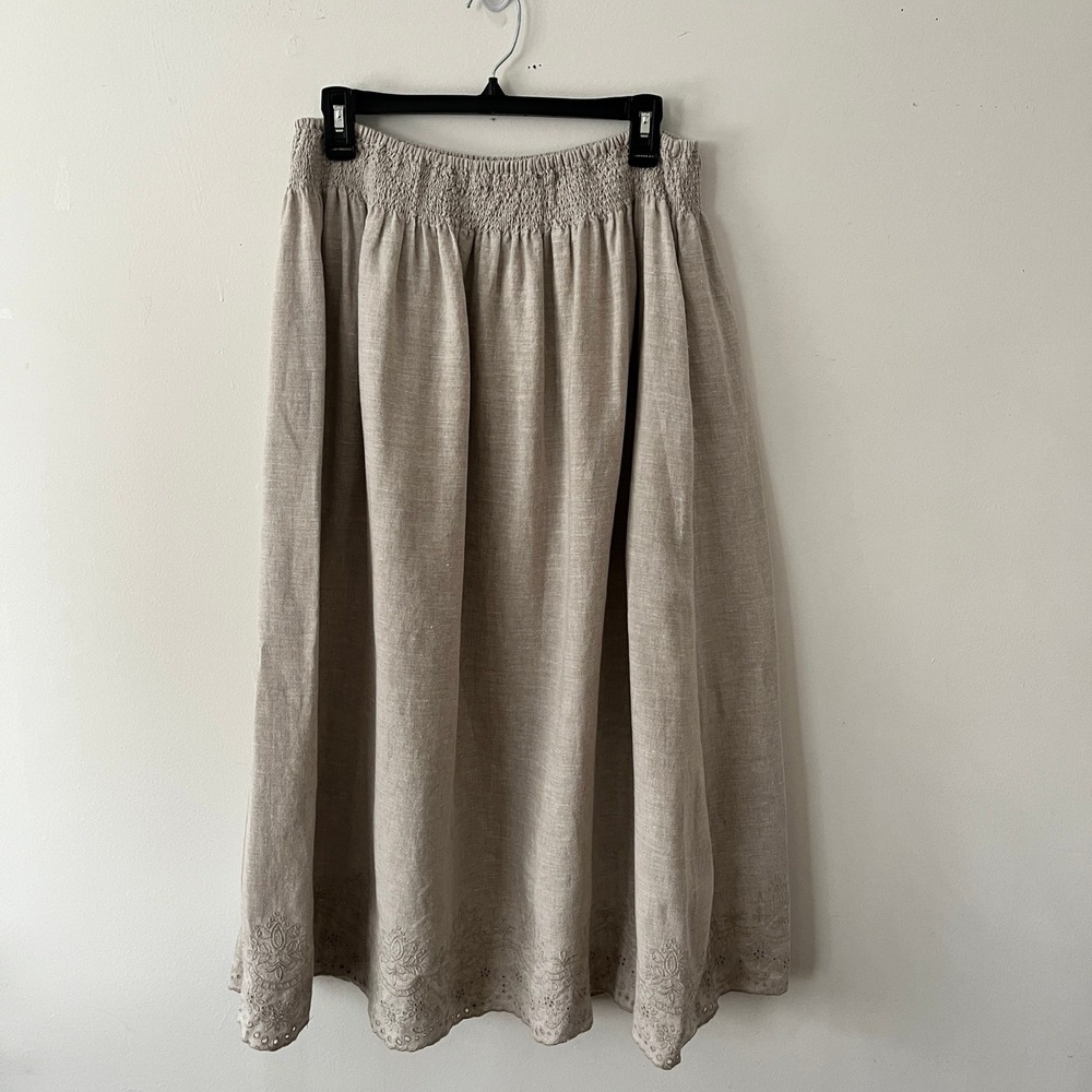 Women's Neutral Linen-Blend Midi Skirt with Elastic Waist